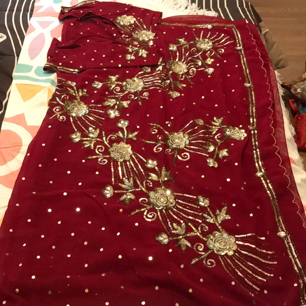 Maroon and antique gold work Saree / Sari